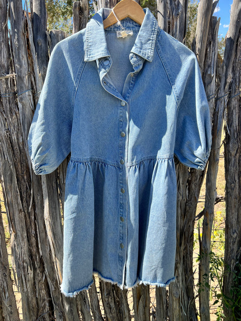 washed denim puff sleeve dress Washed Denim Puff Sleeve Dress- Pink Evelyn Rose Boutique