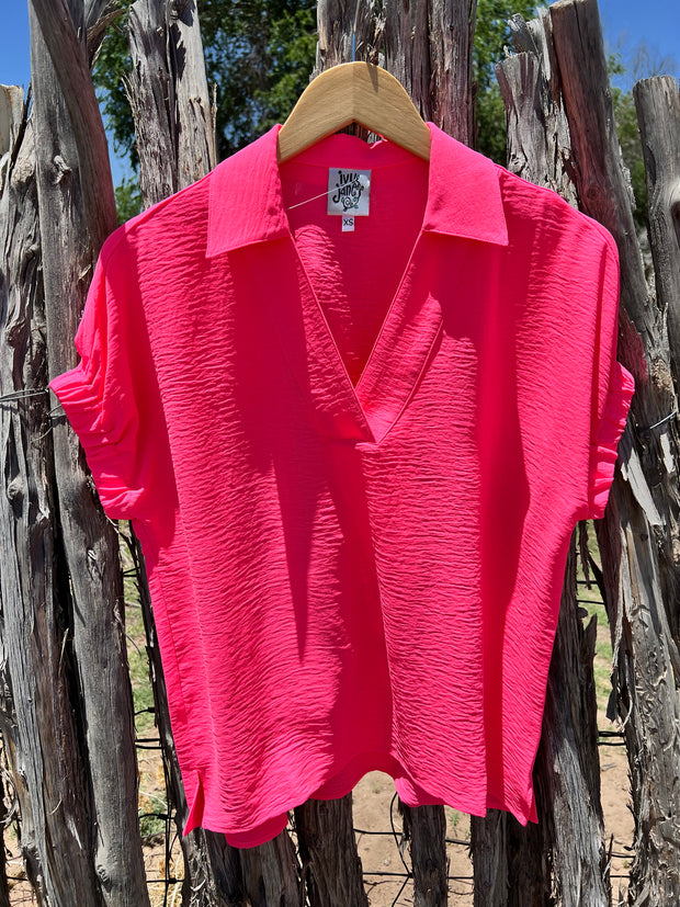 Ivy Jane Collared Popover Top -Neon Pink