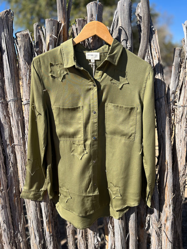 Star Patch Tencel Button Down - Olive