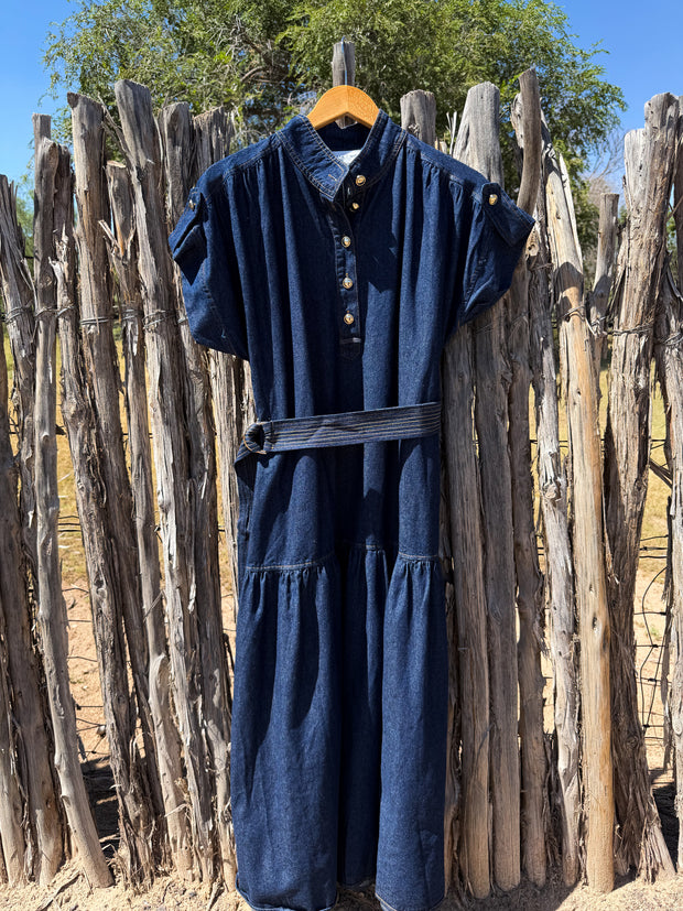 denim dress gold buttons Button Dark – Qué Cute Style Boutique Wedding Dress Donation Options sale-bottoms smocked back Color:Navy/Gunmetal Print* Denim maxi dress with