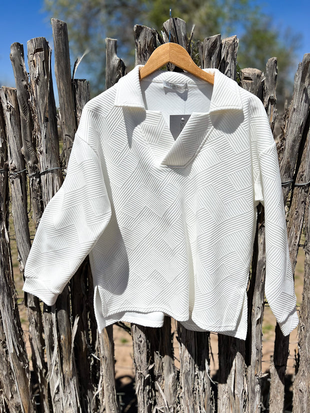 White Textured Long Sleeved Collared Top