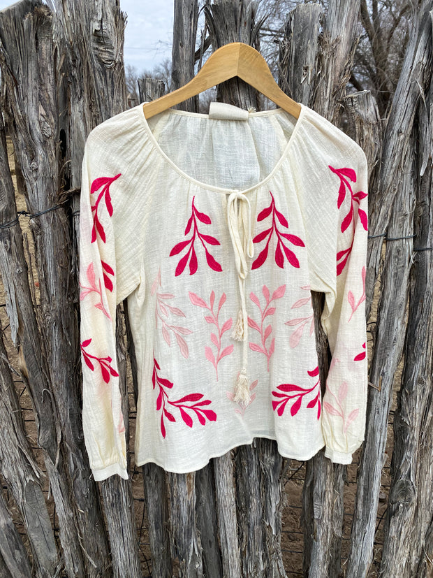 Pink Leaf Embroidered Ivory Top