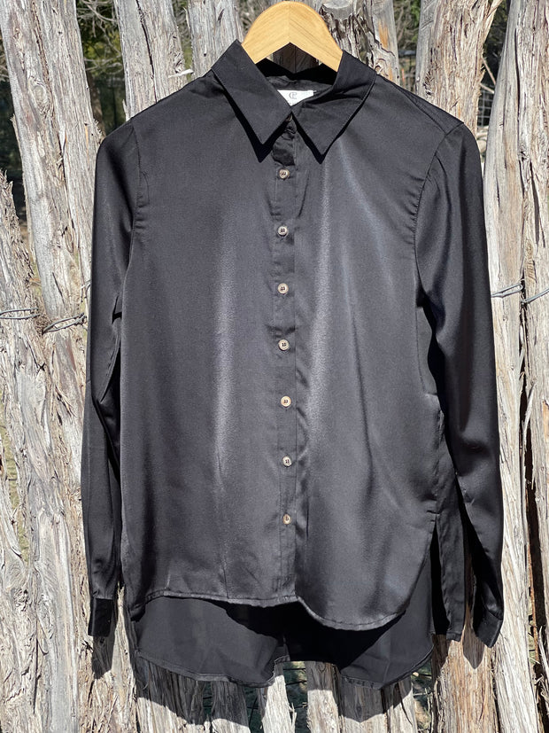 Black Satin Button Down with Side Slit