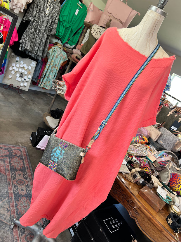 Coral Gauze Poncho Dress with Pockets
