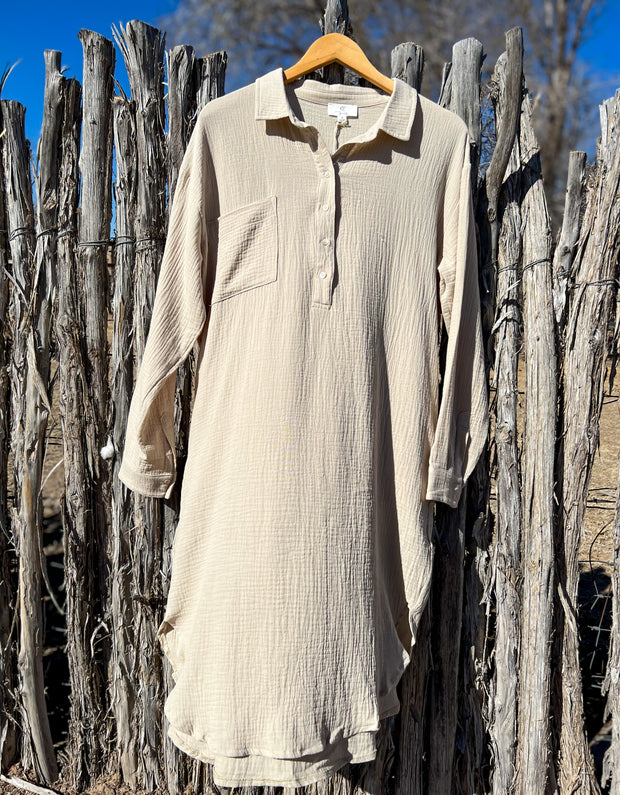 Sand Gauzy Button Up Shirt Dress